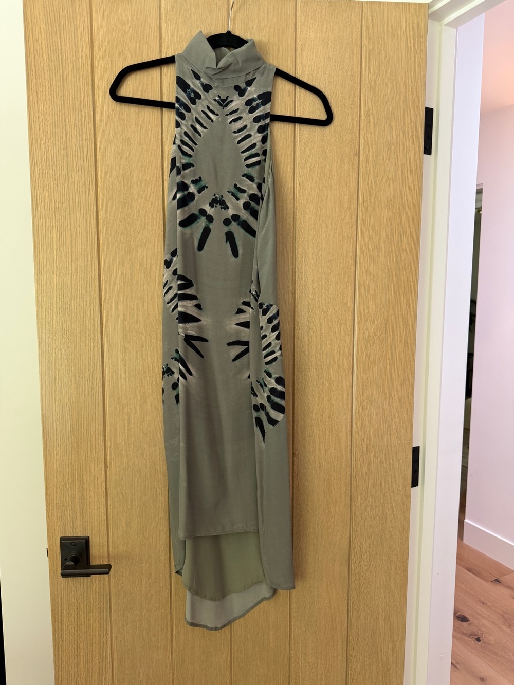 High-Neck Olive Green Tie-Dye High-Low Maxi Dress